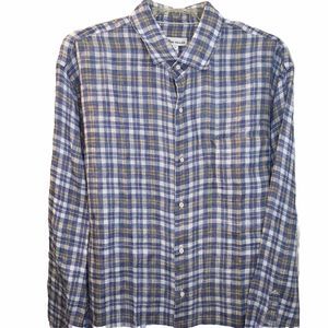 Peter Millar Shirt Mens L Blue Plaid Linen Seaside Collection Button Up‎ Blue